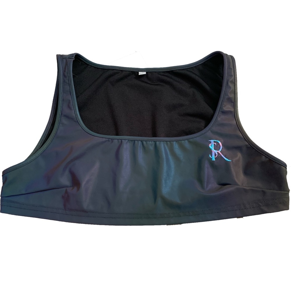 Women’s XL sR embroidered faux leather chrome sports bra. Fits a bit small. NWOT